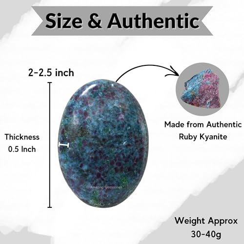 Image of Amazing Gemstone Ruby in Kyanite Palm Stone - Massage Worry Stone for Natural Body Chakra Balancing, Reiki Healing and Crystal Grid