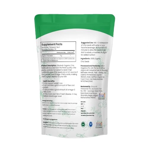 Image of BIOANSH Certified Organic Raw Chia Seeds | Gluten Free, Rich in Omega 3 & Fibre, Plant Protein, Good for diabetics and hair health, immunity booster, healthy snack | Superfood (Pack of 1 (500 gm))