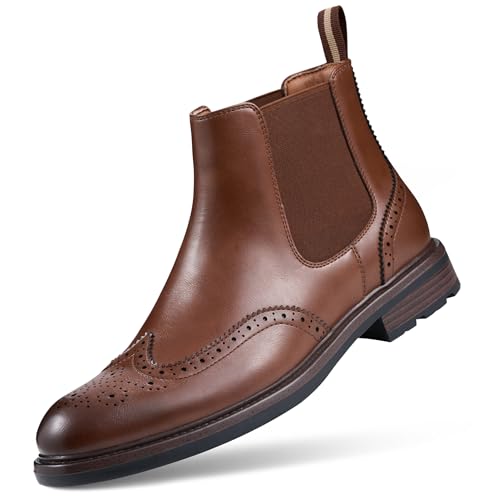 FUNROMAN Mens Wingtip Chelsea Boots Faux Leather Dress Boots with Non-Slip Rubber Sole Classic Brogue Design for Office Party & Casual Occasions M29 Brown 11