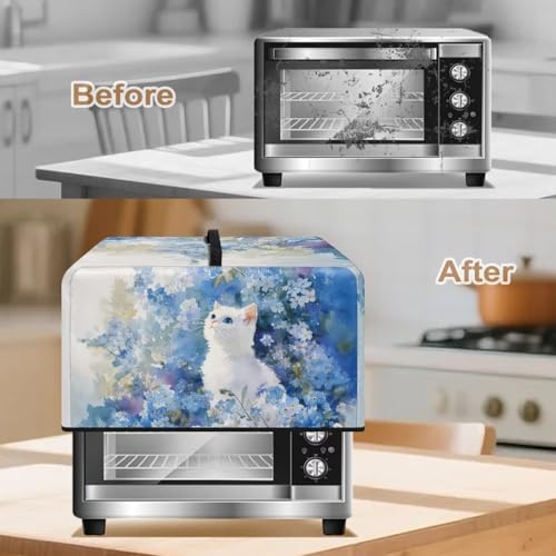 Image of Convection Oven Cover, Dust Proof Smart Microwave Oven Protector for Countertop Decorations, S, 18.25 x 14.5 x 11 Inches, White Cat Blue Flower