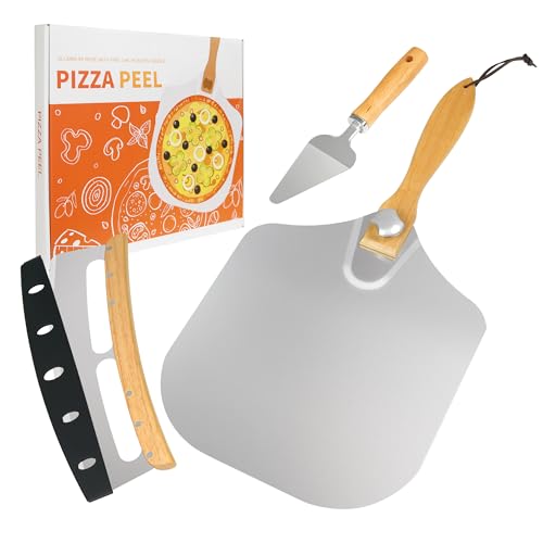 Rixordd 12x14 Inch Aluminum Pizza Peel with Foldable Wooden Handle - 3-in-1 Metal Pizza Paddle, Stainless Steel Rocker Cutter & Server, Pizza Oven Tools for Baking Homemade Bread
