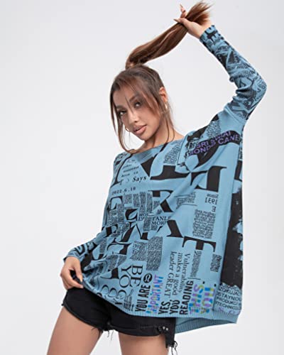 ellazhu Women's Off-Shoulder Long-Sleeved Cute Newspaper Printed Pullover Oversized Sweater Shirt GY27534