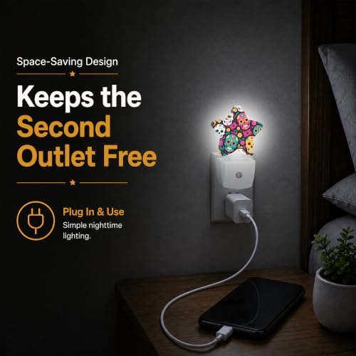 Image of Skeleton Star Night Light Plug in, Decorative Night Light for Kids Room Nursery Bedroom, Soft Glow Sensor Lamp for Hallway Bathroom, Compact Energy Saving