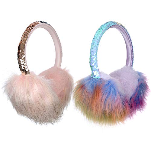 2 Pieces Girls Ear Muffs Warmers Kids Cute Plush Earmuffs W/Flip Sequins Christmas Gifts For Daughter Granddaughter Niece (4-15 Years, A Set Of 2 Pieces) #TOP3