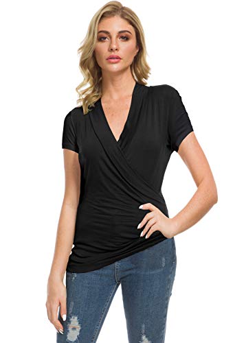 Afibi Women's Deep V Neck Short Sleeve Unique Slim Fit Cross Wrap Shirts Blouse Tops3