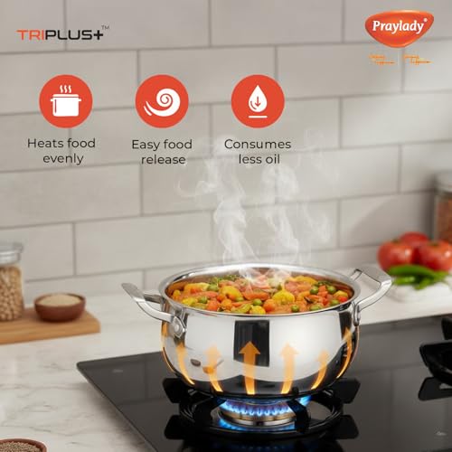 Image of Praylady Triplus+ Pro Belly Triply Handi | 18 cm 2.8 L | Belly Shape Cook & Serve Casserole | Induction Gas Ready | Biryani Rice Dal Curry Pot | Stock Pot | Stainless Steel Lid | Less Oil | Even Heat
