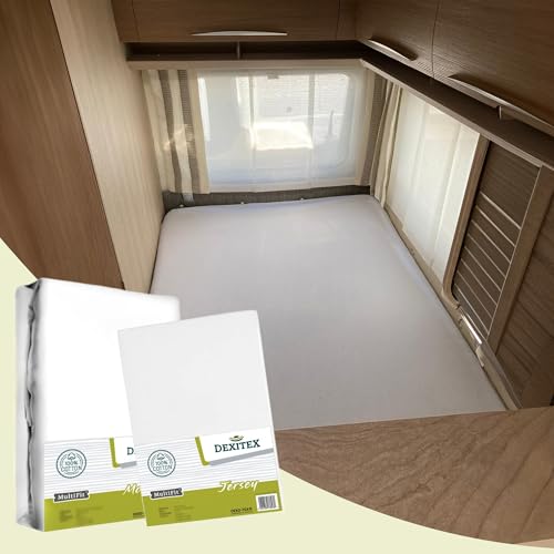 Dexitex - Spannbettlaken Wohnmobil 2 teilig - 1 Spannbettlaken + 1 Matratzenschoner (125-155cm x 200cm)- Französische Bettwäsche - für Wohnwagen Bett - Oeko-TEX - 100% Baumwolle - Links - Weiß