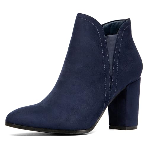 NEWBELLA Women's Suede Ankle Boots - Pointed Toe Chunky Heel Vintage Dress Booties