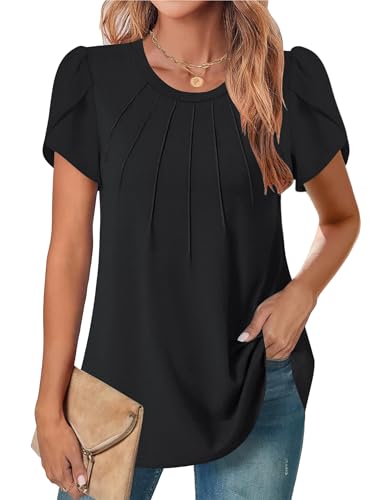 Zeagoo Womens Tops Petal Short Sleeve Summer Casual Dressy Shirts Floral Solid Blouse Pleated Tunics S-XXL