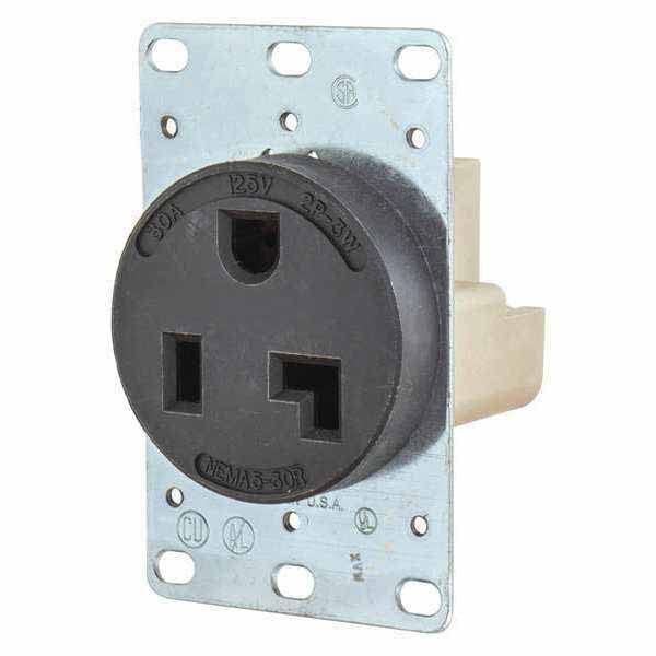 Receptacle, 30 A Amps, 125V AC, Flush Mount, Single Outlet, 5-30R, Black