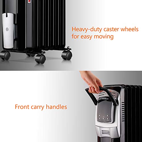 Homeleader 1500W Oil Heater, Full Room Space Heater with LED Display Screen, 24-Hour Timer and Remote Control, Electric Oil Filled Radiator Heater, Black