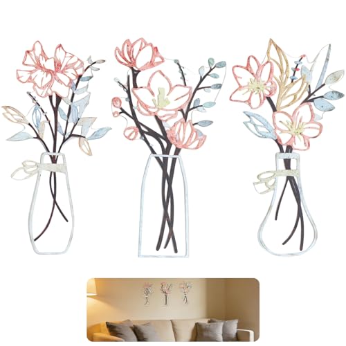 Lot de 3 Décoration Murale Fleurs en Acrylique - Sculptures Murales 3D Motif Floral et Vase pour Déco Maison - Art Mural Moderne et Design pour Salon,...