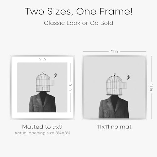 Image of Homeforia 11x11 Picture Frame Silver, High End Metal 11 by 11 Square Frames with Mat 9 x 9 Photo, 11x11 Thin Poster Frame Matted to 9x9 inch Art, Wall Hanging Frame, Tempered Glass, Wall Kit, Set of 3