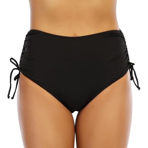 Vogueric Women's Bikini Bottoms High Waisted Swim Bottom Full Coverage Swimsuit Bottoms Side Tie Tummy Control Bathing Suit Bottom Black Medium Cover