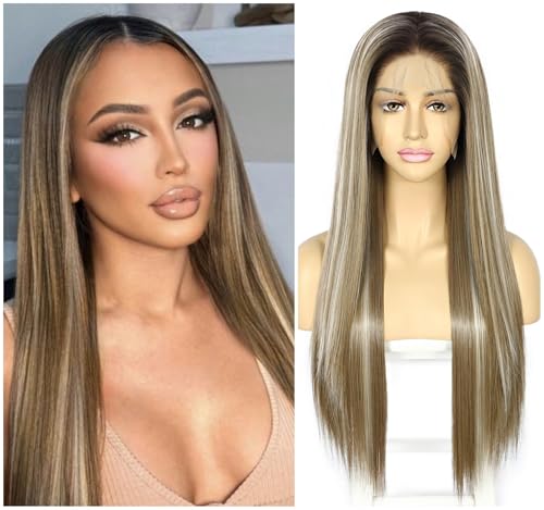 Sapphirewigs 13x6 Straight Lace Front Wigs Brown Long Straight Wig for Women Lace Front Synthetic Hair 150% Density Party Daily Wear Heat Resistant 26inch