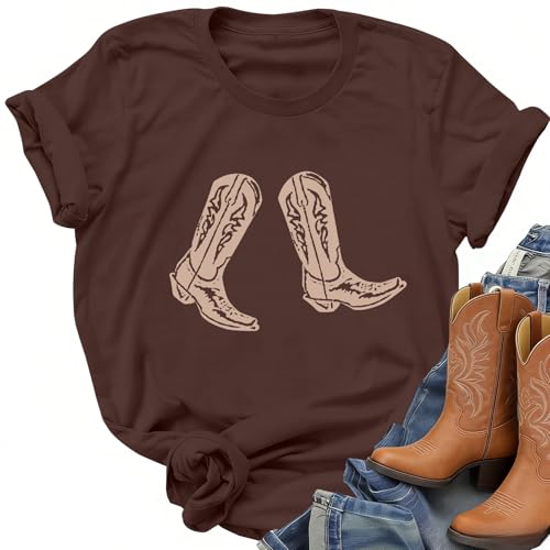 Fkatuzi Western Cowgirl Country Shirts for Women Rodeo Cowboy Boot T Shirt Vintage Graphic Tees Cotton Retro Concert Tops(Coffee,L)