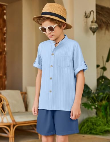 Image of Arshiner Boy's 2 Piece Beach Outfit Short Sleeve Textured Button Down Shirt and Short Sets Summer Vacation Wear 4-12 Years