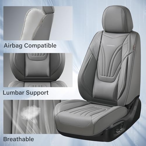 Image of Coverado Car Seat Covers Full Set, 5 Piece Car Seat Protector with Lumbar Support & Removable Headrest, Breathable Leather Front Rear Seat Cushion Universal Fit for Truck Automotive Gray