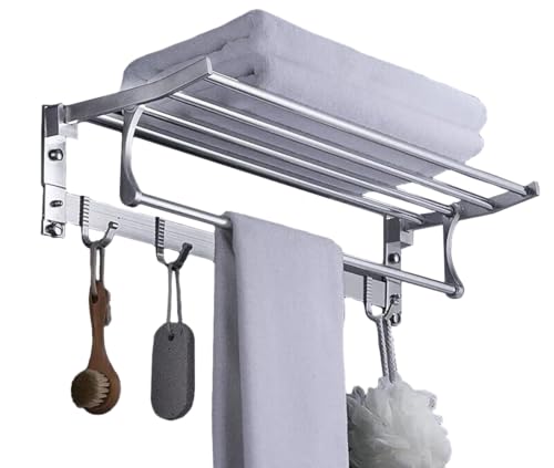 タオル掛け タオルかけ バスタオル ハンガー バスタオル掛け 壁掛け おしゃれ タオルハンガー フック付 メタルラック 置き棚 洗面所 浴室 お風呂 お風呂タオル掛け 洗面台 強力粘着 風呂場 ホテル (シルバーホワイト)