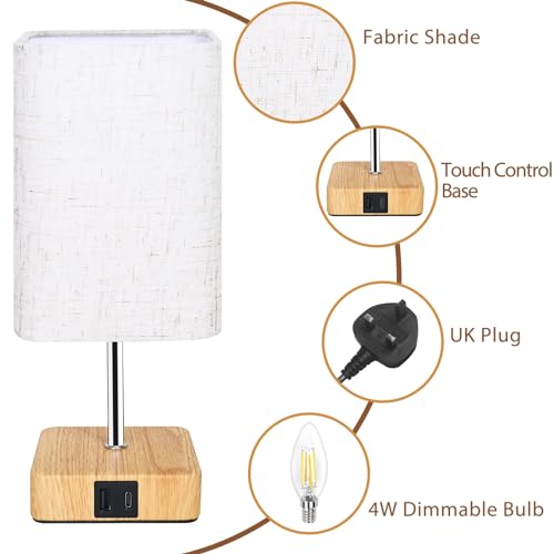 Touch Control USB Table Lamp, Dimmable Nightstand Lamps with USB Charging Ports, Small Touch Lamp with Wood-grain Base & Beige Fabric Shade for Bedroom, Living Room, Children's room, Bulb Included - Image 6