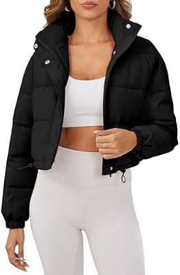 Women's Cropped Puffer Jacket – Stand Collar Zip‑Up Quilted Coat with Drawstring and Pockets, Black,...