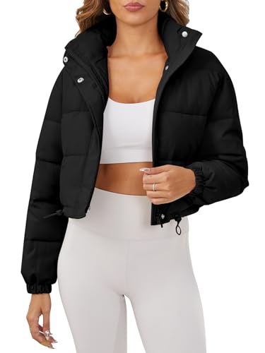 Women's Cropped Puffer Jacket Long Sleeve Puffy Coat Stand Collar Zip UP Quilted Padded Drawstring Outwear with Pockets
