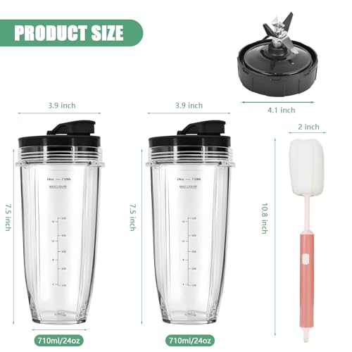 Blender Cups & Blattersatz für Ninja - 2 Pack 710 ml Cups mit 7 Flossen Blatt Ersatzteilen & Bürstenkompatibel mit Nutri Ninja BL480/BL481/BL482/BL490/BL640/BL450/BL482/BL682/BL642/BL640/BL450