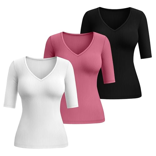 Riyiper 3 Pack Women's Slim Fit V Neck Ribbed Cotton T-Shirt Women Elbow Length Summer Tee Casual Blouses 