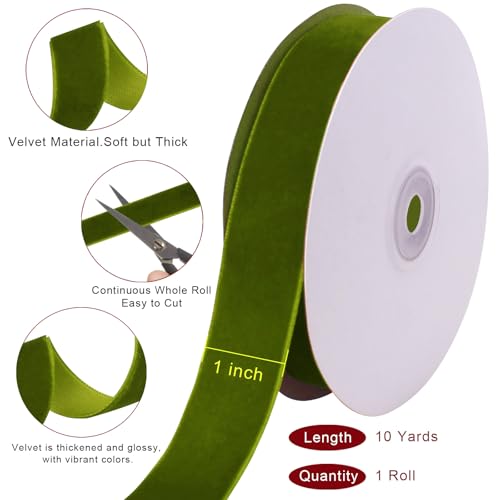 Image of Tsorode 10 Yards Black Velvet Ribbon 1 Inch for Christmas Tree,Velvet Christmas Ribbon for Gift Wrapping Crafts Bow Wreath Holiday Decorations (Olive Green, 1 inch-10 Yard)