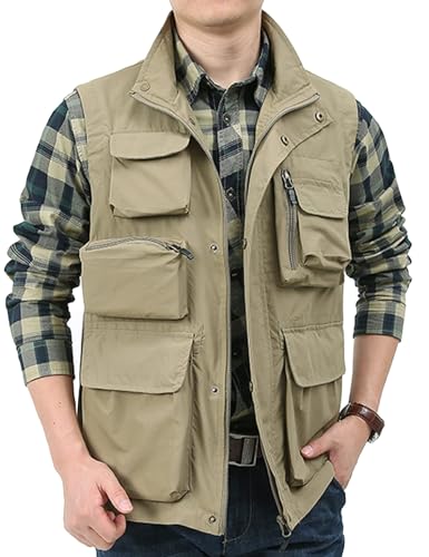 Yimoon Men’s Utility Vest Summer Outdoor Lightweight Cargo Safari Fishing Vests Travel Vest with Pockets(Khaki-XL) - Thumbnail 3