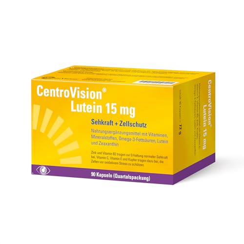 CentroVision Lutein 15 mg – Zur Erhaltung der normalen Sehkraft, Nahrungsergänzungsmittel mit Vitamin C, Vitamin E, Vitamin B2, Zink, Kupfer, Omega-3-Fettsäuren, Lutein und Zeaxanthin, 90 St.