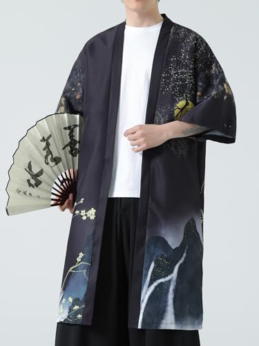 Ambcol Men Japanese Kimono Coat Loose Yukata Outwear Long Bathrobe Tops Vintage Black-E Large