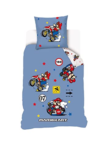 SAHINLER créateur d'univers Mario - Housse de Couette Mario Kart 140x200 cm + 1 Taie d'oreiller 63x63 cm - 100% Coton - Bleu