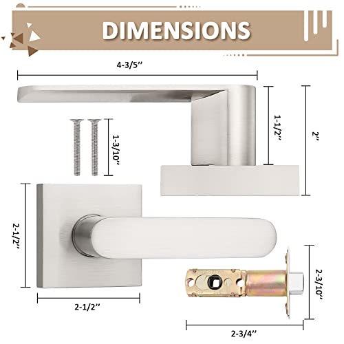 Probrico 5 Pack Brushed Nickel Passage Door Levers For Closets And Hallway, Moden Square Keyless Door Handle Set With Satin Nickel Finish, Non-Locking Interior Door Knobs #TOP5