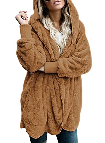 Image of Dokotoo Womens 2025 Winter Long Sleeve Solid Fuzzy Fleece Open Front Hooded Cardigans Jacket Coats Outerwear with Pocket