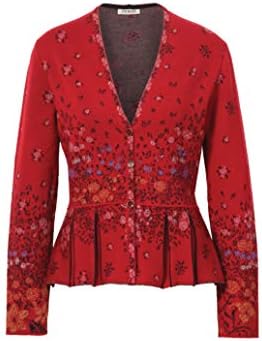 IVKO Jacquard Jacket with Pleats in Cherry Red Knit Merino Wool Button Up Cardigan Pullover Sweater
