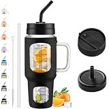 NOLOGLAZIC Glass Tumbler With Straw, 2 Lids, Handle - 40oz Iced Coffee Cup With Silicone Sleeve, Water Bottle With Time Marker - Fits Car Cup Holder for Gym Workout, Black