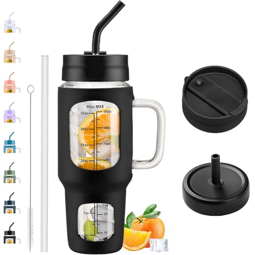 NOLOGLAZIC Glass Tumbler With Straw, 2 Lids, Handle - 40oz Iced Coffee Cup With Silicone Sleeve, Water Bottle With Time Marker - Fits Car Cup Holder for Gym Workout, Black