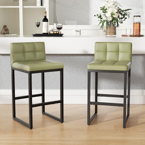 Image of 24 inch Bar Stools Set of 2, Modern Faux Leather Counter Height Bar Stools with Low Back and Footrest, Sturdy Thickened Metal Leg, Upholstered Kitchen Bar Chairs for Island, Green