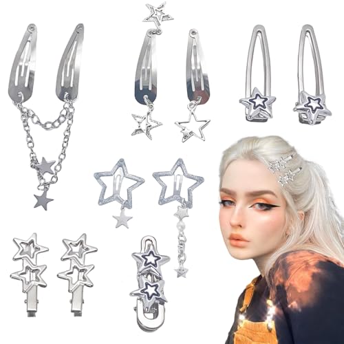 10 pinzas de cabello en plata con estrellas y pentagramas estilo Y2K, 8 diseños únicos