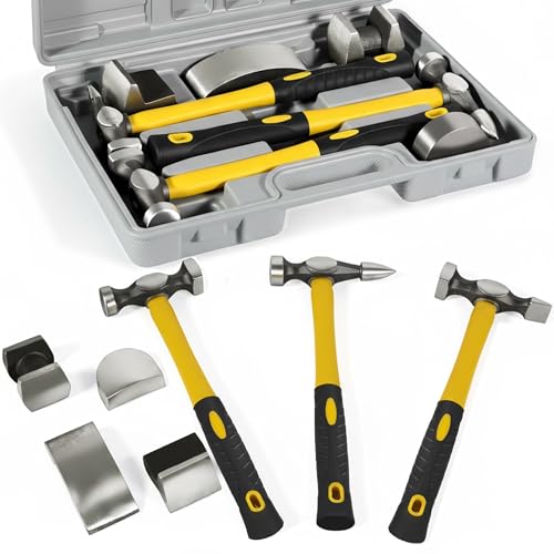 RQG 7pcs Auto Body Hammer and Dolly Set, Carbon Steel Auto Body Repair Tools Kit, Heavy Duty Car Panel Beating Fender Repair Dent Removal Tools