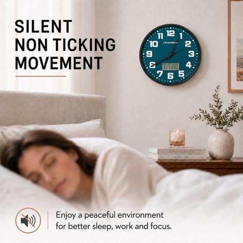 Image of Cloud Space 12 inch Silent Wall Clock Battery Operated, Non Ticking Modern Wall Clock with LCD Calendar & Fahrenheit Temperature Display, Easy-to-Read Kitchen Bedroom Office Living Room Wall Clock
