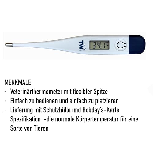 Digitales Tier-Thermometer für Haustierbesitzer von Hunden, Katzen, Pferden, Tieren, mit kostenloser Veterinary Hobday's Spec Chart