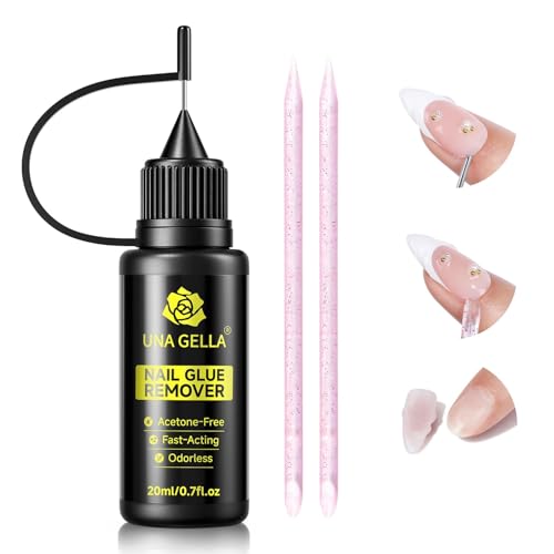 UNA GELLA Środek do usuwania kleju do paznokci Press-on, 20 ml, precyzyjny, bez acetonu, do usuwania końcówek paznokci, delikatny zmywacz kleju do łatwego usuwania, akcesoria do manicure DIY