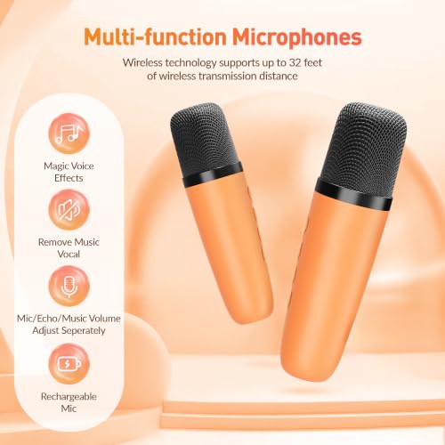 Image of Karaoke Machine for Kids Adults: Mini Portable Karaoke Machine with 2 Wireless Microphones and Lights, Christmas Birthday Gifts for Girls Boys Family Home Party(Orange)