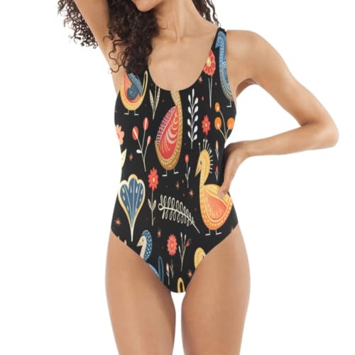 Maillot de bain 1 pièce femme oiseaux colorés et botanique pour plage
