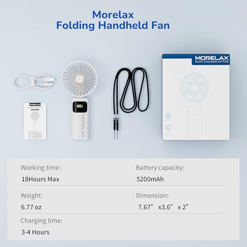 Handventilator, Tragbarer Mini Ventilator, 5200mAh Wiederaufladbar, Kleiner Taschenventilator Mit 6 Geschwindigkeitsstufen, 180° Faltbarer USB-Ventilator für Zuhause, Büro, Schule, Outdoor, Weiß