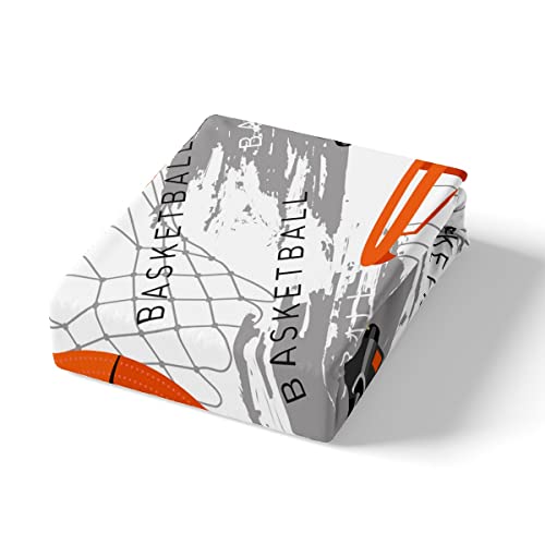 Homewish Basketball Fitted Sheet Full Size Orange Basketball Print Bedding Set 3Pcs For Kids Boys Teens Room Decor, Sports Gaming Theme Bed Cover Grey Stains Print Bed Sheets With 2 Pillowcases #TOP3