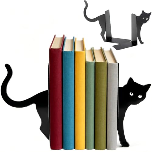 Zliger Buchstützen Metall, 2 Stück Bücherständer der Schwarzen Katze, Buchstützen Schwarz, Dekoratives Buchstopper Bücherliebhaber und Katzenliebhaber