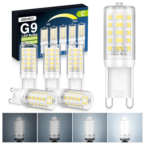 QOJUX 3W G9 Led Bulbs Cool White Dimmable Energy Class C 34 LEDs 480LM G9 Bulb Equivalent to 50W Halogen 6000K AC 220-240V No Flicker Energy Saving Light Bulbs for Home Lighting Decor 5 Pack